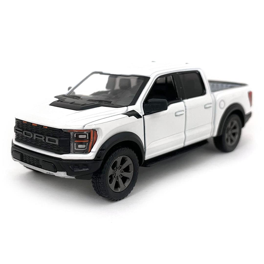 KiNSMART SetOf4 2022 Ford F-150 Raptor 5'' 1:46 Scale Die Cast Model Toy Truck Black, White, Red, Blue