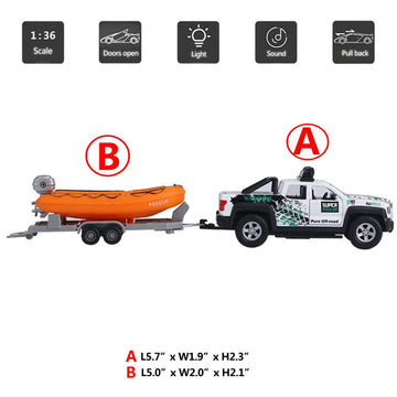 Pickup Truck Trailer Towing Speed Boat 2 in 1 Playset Diecast Model Car Metal Pull Back Toy Cars 1/36 SUV Vehicle Outdoor Sandbo