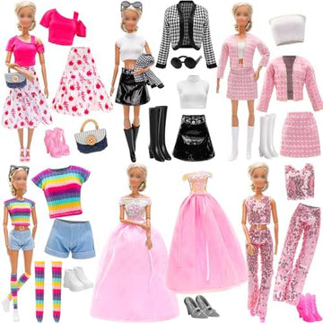 15 Pieces 11.5 Inch Girl Dolls Fashion Pack 6 Set Doll Clothes Include Chic Suits Party Gown Sequin Outfit Stylish Dress 6 Pairs Of Shoes 3 Accessories For Storytelling Girl Dolls Clothing(No Doll)