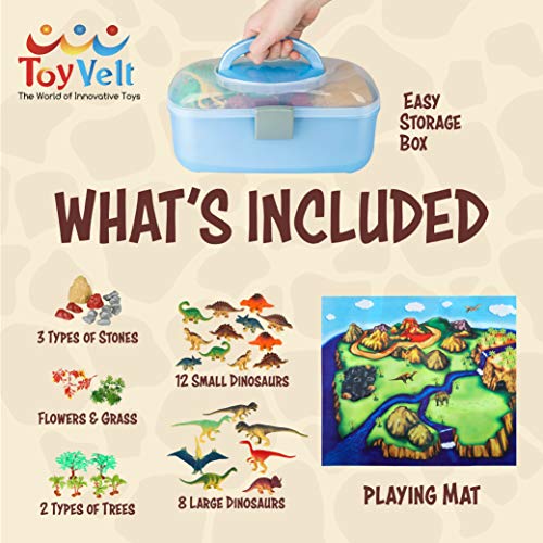 Toyvelt Dinosaur Play Set Dinosaur Toys Includes Dinosaur Figures, Trees, Rocks, Playmat, And A Beautiful Container Create A Din