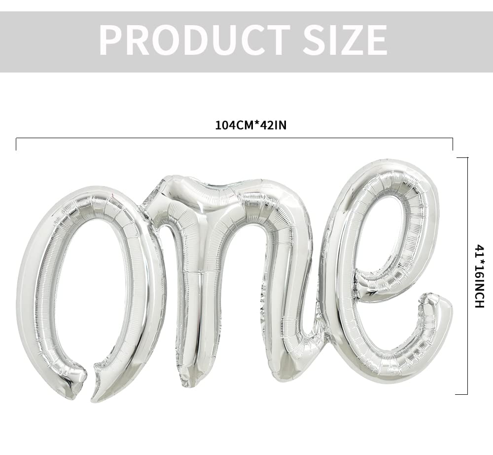 Toniful Silver One Balloons Banner, 42*16 Inch Mylar Foil Script / Cursive Letter One Sign Banner Balloon Bunting Reusable Ecofr