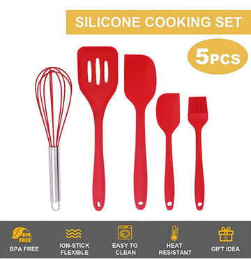 Kids Cooking Utensils Set - 5-Piece Kids Kitchen Tools - Safe Kids Baking Set - Food Grade Toddler Chef Supplies - Gender Neutral Silicone Cookware Kit With Spatula