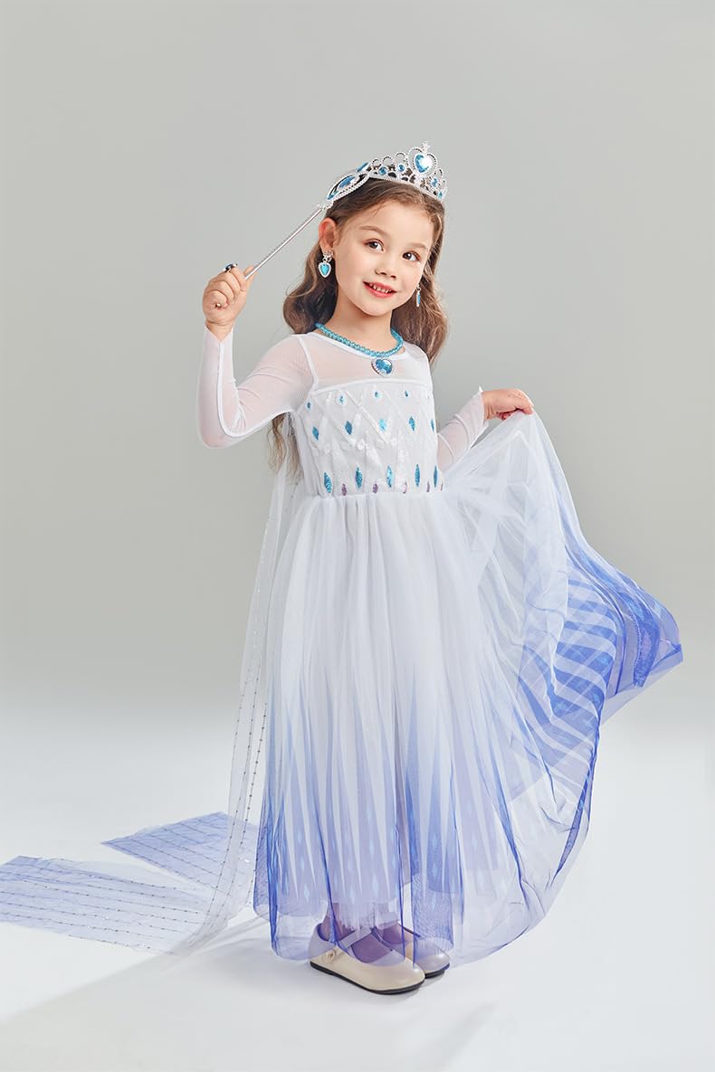 Sototoo Elsa Costume Long Sleeves Princess Dress Queen White Costume Cosplay Dress Up With Accessories Halloween (White,7-8Years