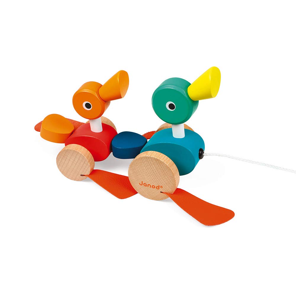 Janod Zigolos Pull Along Duck Family Early Learning And Motor Skills Toy With Flapping Feet Made Of Beech And Cherry Wood For Ag