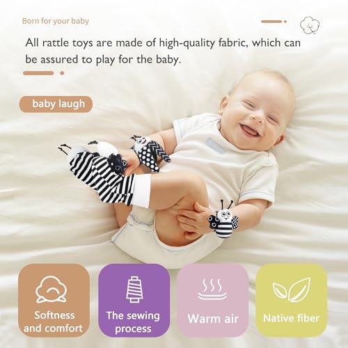 Wrist Rattle Foot Finder Sock for 0-36 Months Baby Boys and Girls, Newborn Baby Soft Hand & Feet Rattle 0-3 Years, Black and Whi