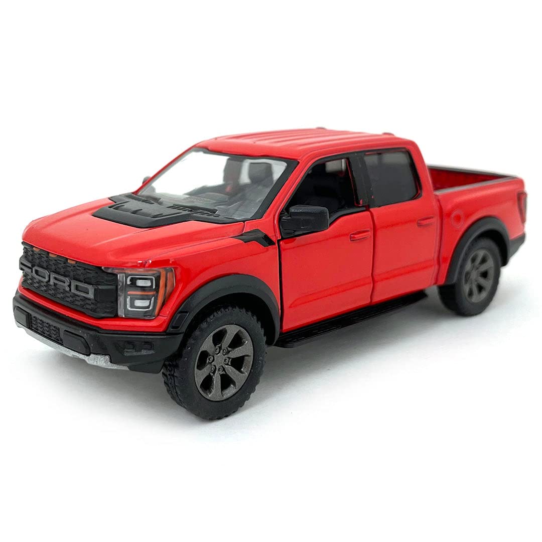 KiNSMART SetOf4 2022 Ford F-150 Raptor 5'' 1:46 Scale Die Cast Model Toy Truck Black, White, Red, Blue
