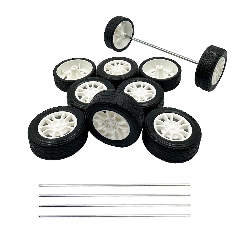 10Pcs Toy Car Wheels Rubber Tire With 5Pcs Shaft Round Axles For For Diy Model Toy Rc Car Accessories (3X38Mm)