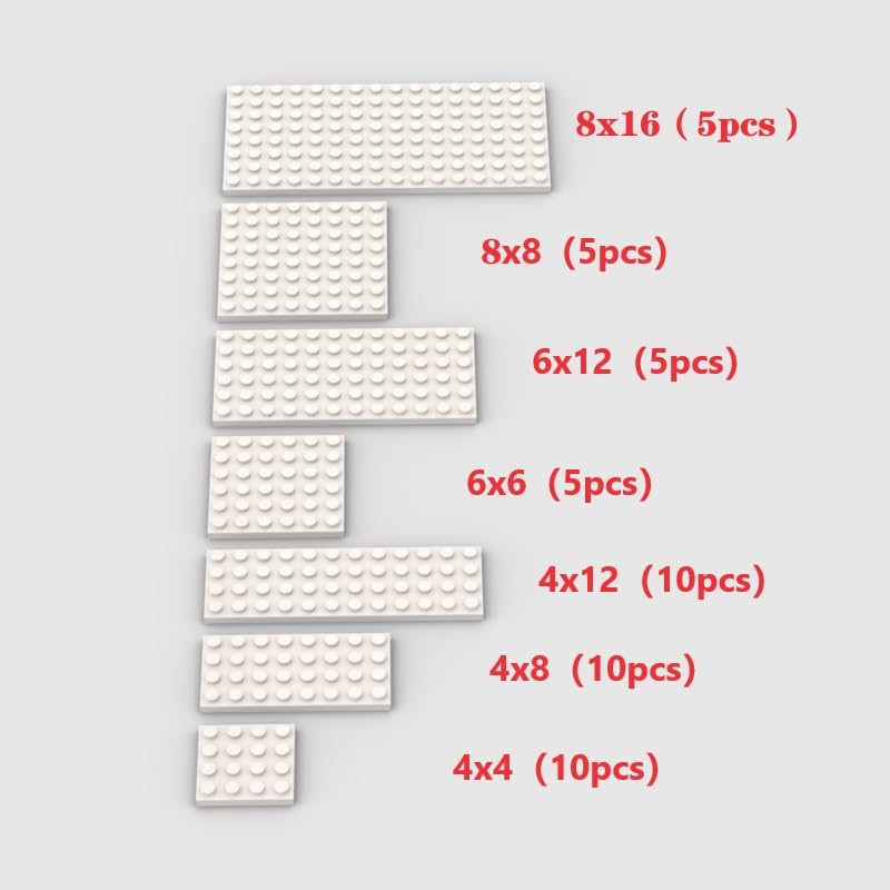 YUJHITP Classic Building Plate Assortment Pack, 50pcs White Plastic, 7 Sizes, Compatible with Lego, Model A0001