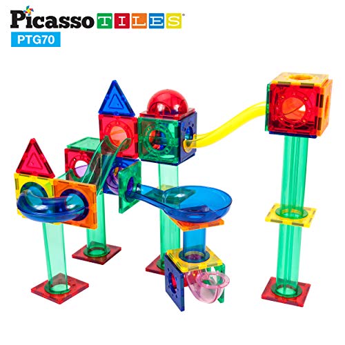 Picassotiles 70 Pcs Marble Run Maze Race Track Magnetic Tiles Magnet Building Block Educational Construction Toy Playset Stem Learning Kit Child Brain Development Hand Eye Coordination Training Ptg70