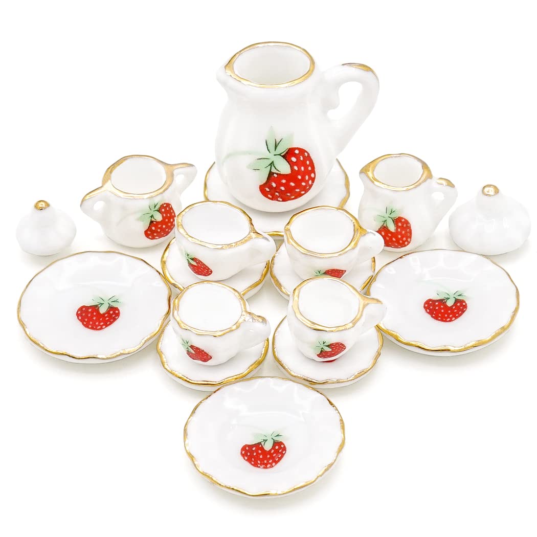 Odoria 1/12 Miniature Porcelain Tea Set 15Pcs Dollhouse Decoration Accessories, Strawberry