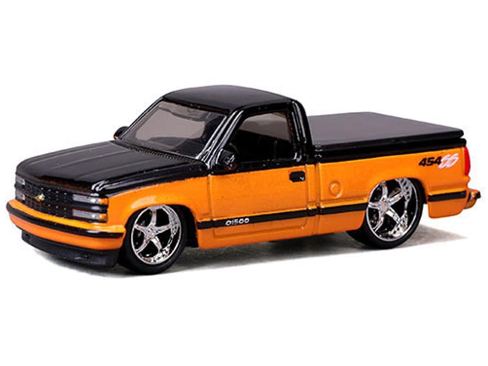 1993 454 SS Pickup Truck Black and Orange Metallic Design Series 1/64 Diecast Model Car 15494-23B