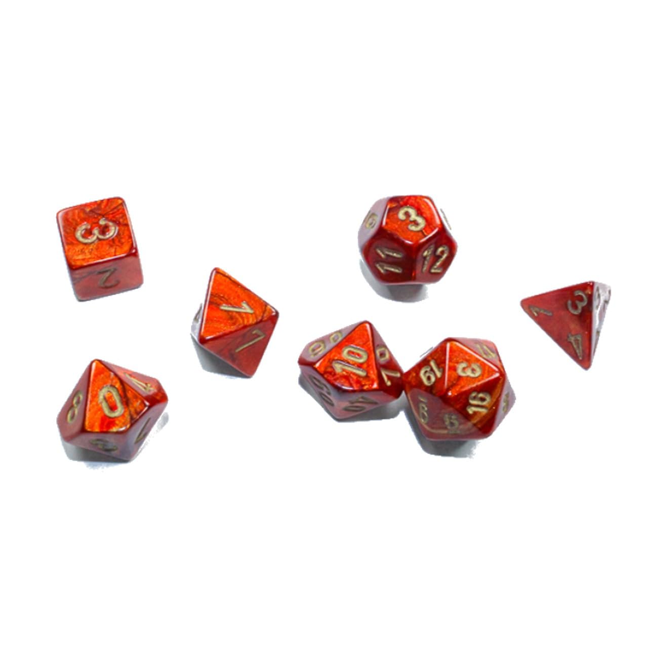 Scarlet Scarab Mini Dice With Gold Colored Numbers 10Mm (3/8In) Set Of 7 Chessex