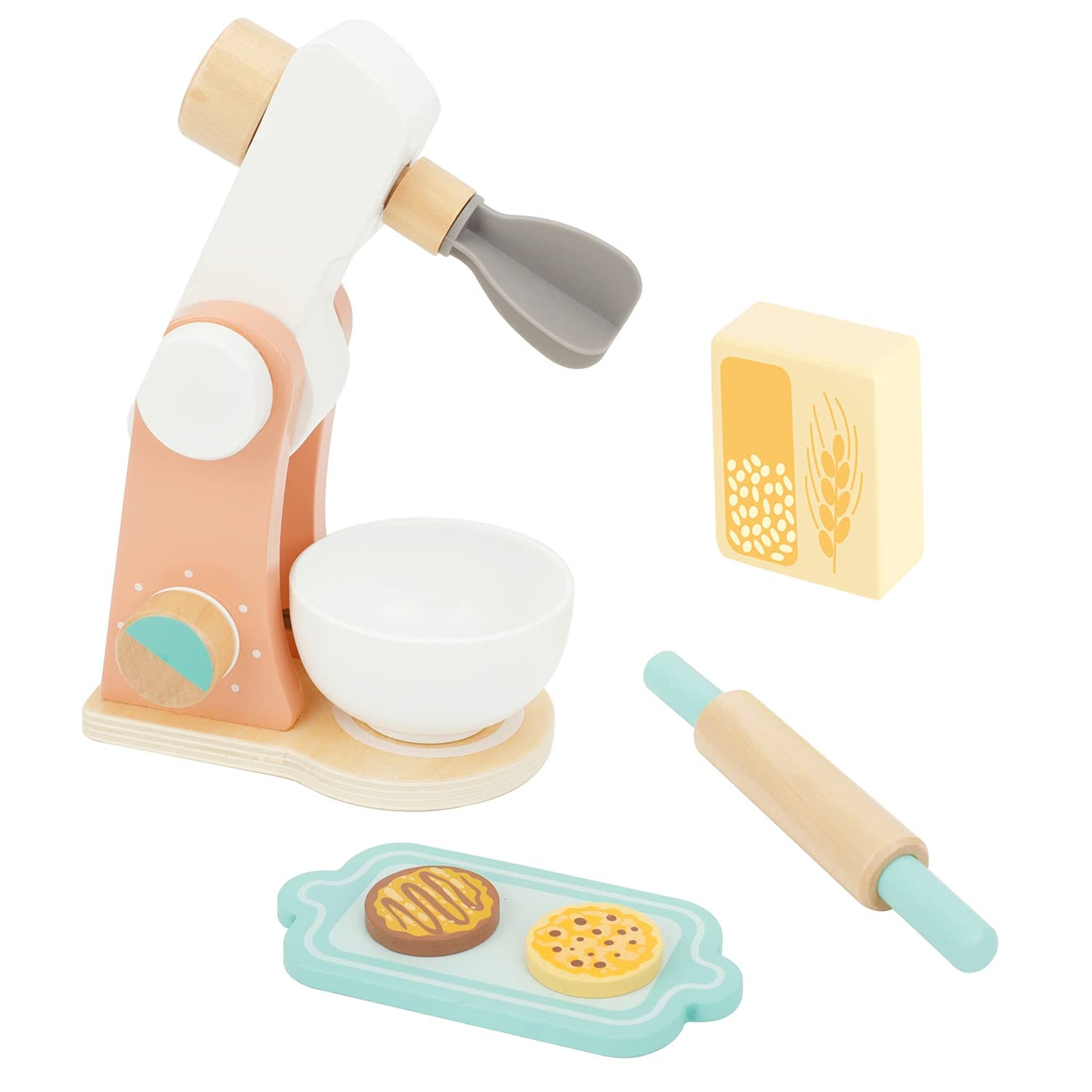TOOKYLAND Wooden Kitchen Mixer for Kids Age 3 and Up, Wooden Play Kitchen Set with Accessories, Rolling Pin, Tray, Bowl, Biscuit