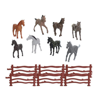 Ai-Fun 8Pcs Plastic Tiny Horses Figure Toy With 6 Corral Fence Kids Toddlers Animal Party Favors Educational Toy Playset