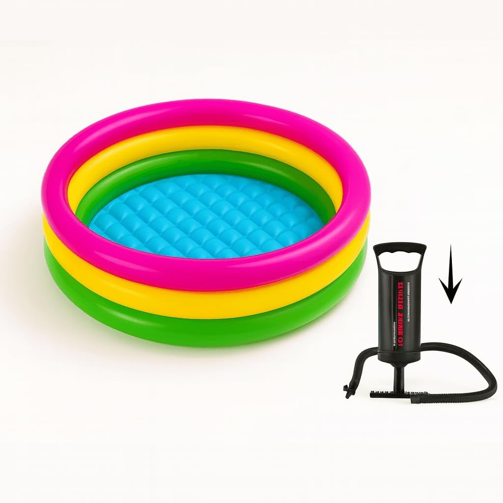 Toy Imagine 4 Ft Round Inflatable Baby Pool - Sunset Glow 3 Ring Swimming Pool With Double Quick Air Pump | Mini Water Bath Tub