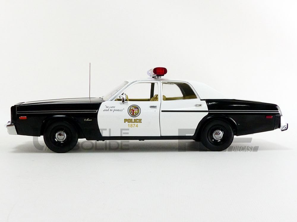Greenlight 1977 Dodge Monaco Police Car with T-800 Figure, Black, Model 19042, Artisan Collection, Detailed Interior, Officially Licensed
