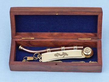 Hampton Nautical Solid Brass/Copper Boatswain (Bosun) Whistle With Rosewood Box, 6', Brass