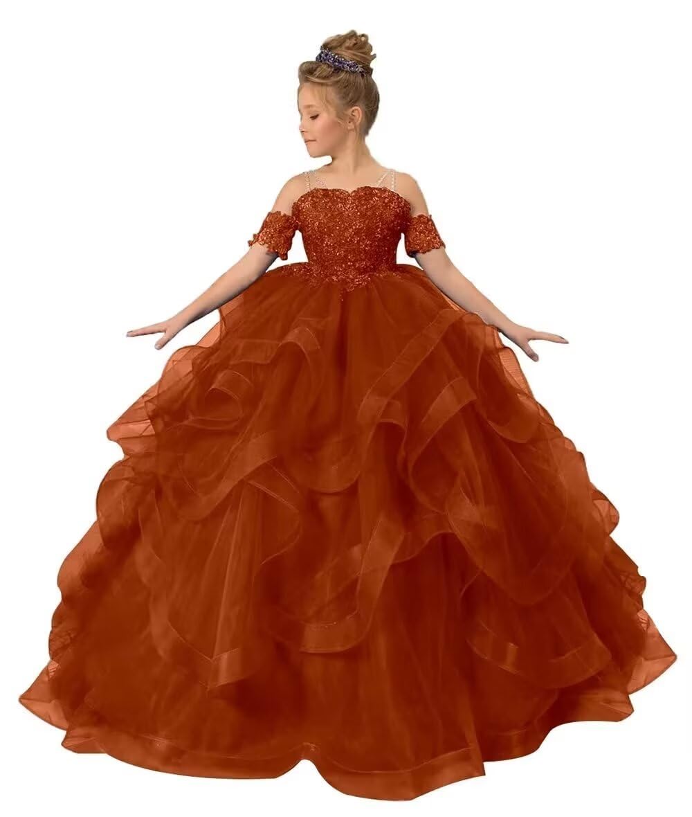 ZPVP Tulle Princess Girls Pageant Dress Tiered Ruffles Flower Girl Dress Beaded Appliques Wedding Party Costumes Burnt Orange US