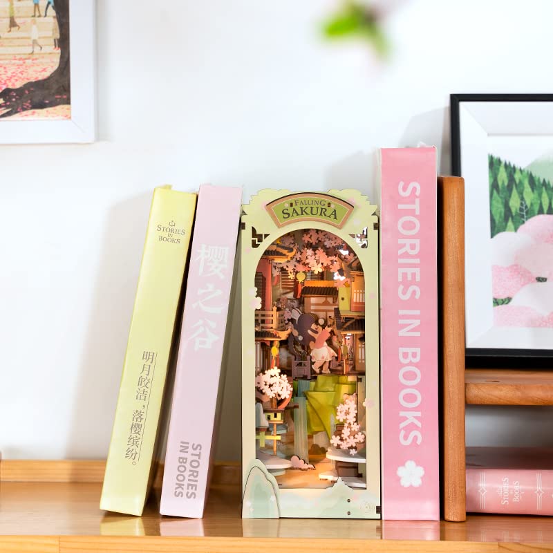 Rowood Book Nook Kits For Adults,3D Wooden Puzzle Bookend,Bookshelf Decor Insert Alley,Diy Miniature Booknook Model Craft Kits For Adults,Gifts With Led On Birthday Christmas(Falling Sakura)