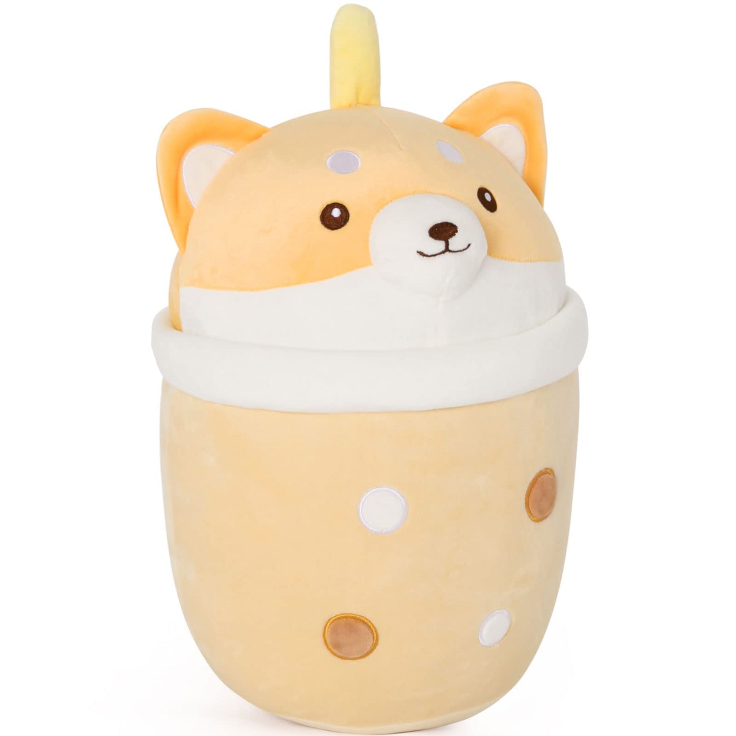 MMguai 14 inch Cute Big Boba Tea Shiba Inu Dog Plush Soft Hugging Pillow,Large Corgi Brown Pearl Milk Tea Stuffed Animals Toy Do