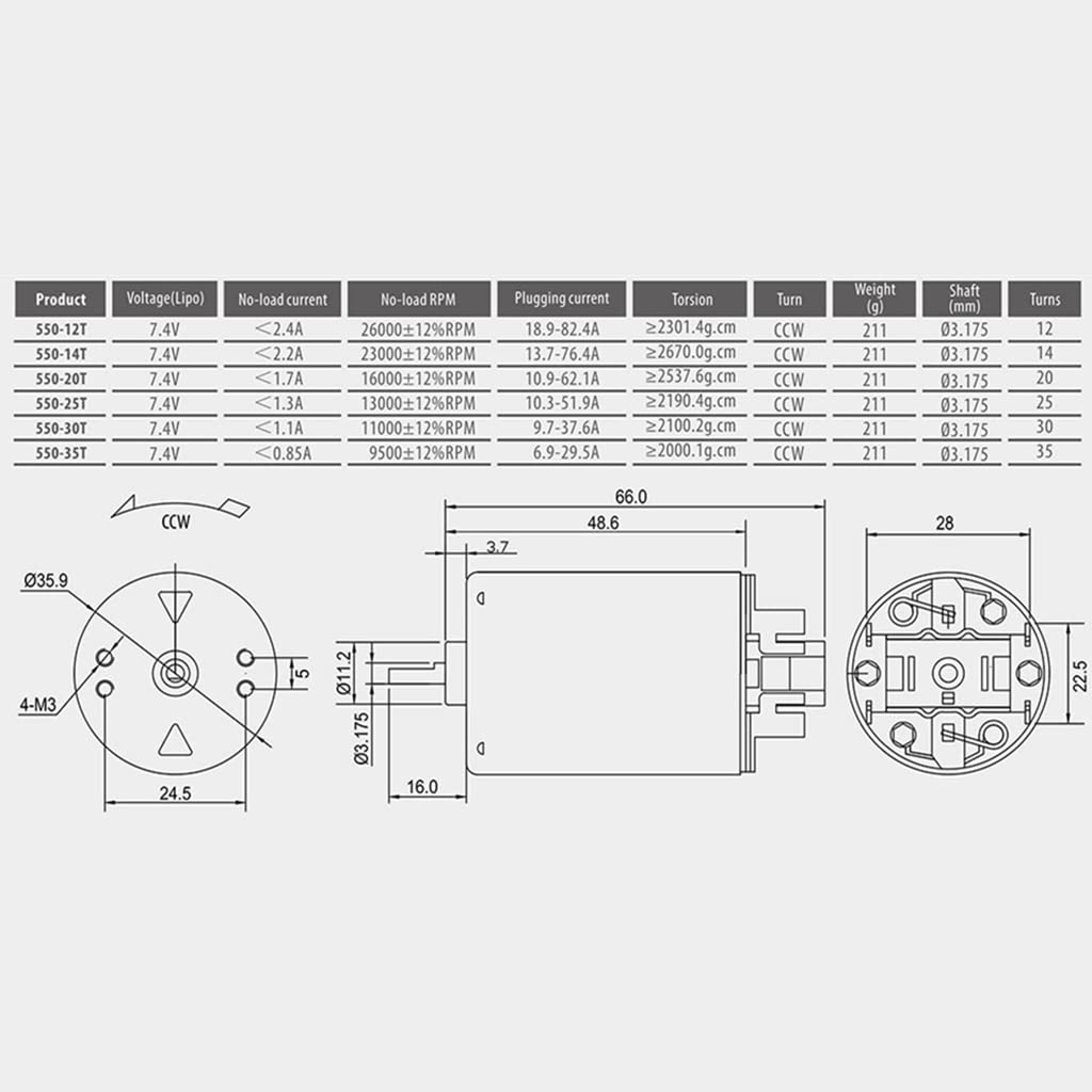 KingVal Replacement 3-Solt 550 12T Brushed Motor Replaceable Carbon Brush Shaft 3.175mm with 2 Cables Compatible with 1/10 1/12
