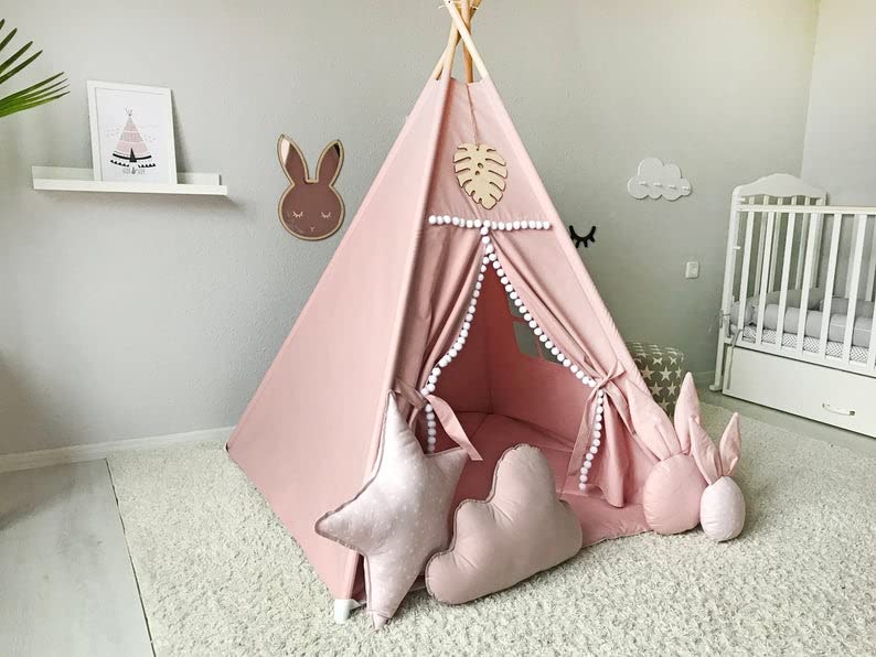 Rongfa Kids Teepee Tent With White Pom Pom - Indoor Play Teepee For Children Boys Portable Play House (Pink)