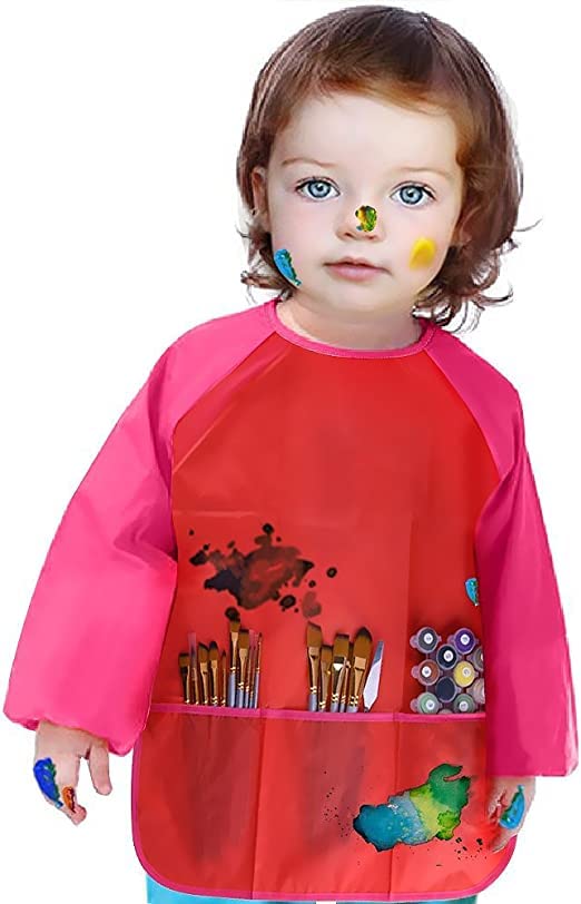 Bassion 2 Pack Kids Art Smocks Toddler Smock Waterproof Artist Painting Aprons Long Sleeve With 3 Pockets For Age 2-6 Years(Blue