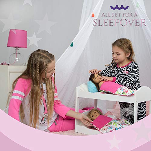 PZAS Toys Doll Bunk Bed for 18 Inch Dolls - 23 Piece Set with Linens & Pajamas, Multicolor, Fits American Girl Dolls