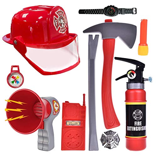 Liberty Imports 10 PCs Fireman Gear Firefighter Costume Role Play Dress Up Starter Toy Play Set with Helmet and Accessories for