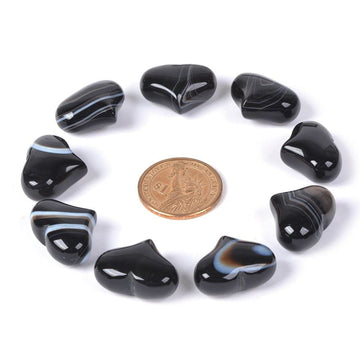 Black Banded Agate Gemstone Healing Crystal 1 Inch Mini Puffy Heart Pocket Stone Iron Gift Box (Pack Of 10)