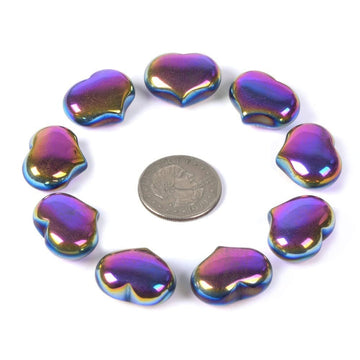 Justinstones Coated Rainbow Hematite Gemstone Healing Crystal 1 Inch Mini Puffy Heart Pocket Stone Iron Gift Box (Pack Of 10)