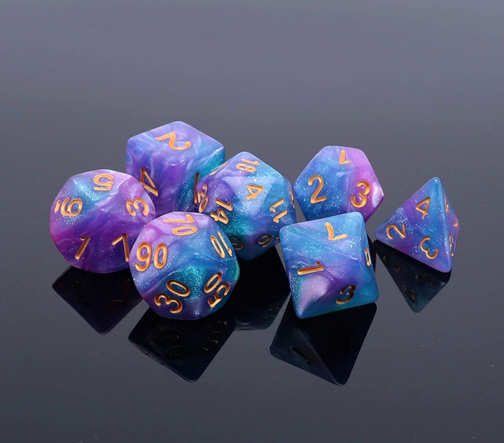 Creebuy Dnd Dice Set Lake Blue & Purple Polyhedral Rpg Dice For Dungeon And Dragons D&D Role Playing Games Table Games Glitter D