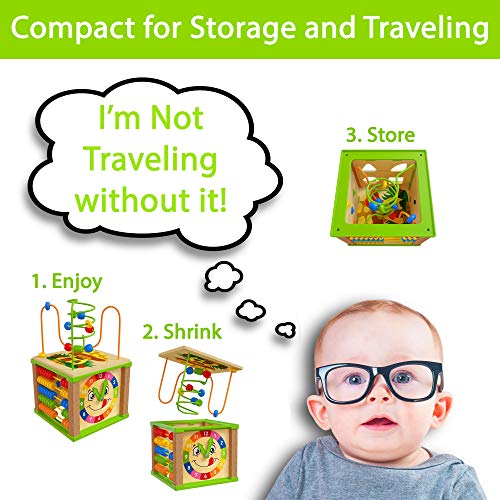 TOYVENTIVE Wooden Activity Cube - Montessori Sensory Toy for 1-2 Year Olds, Blue Table-Top Size, Perfect Birthday Gift with Bonus First Words Book