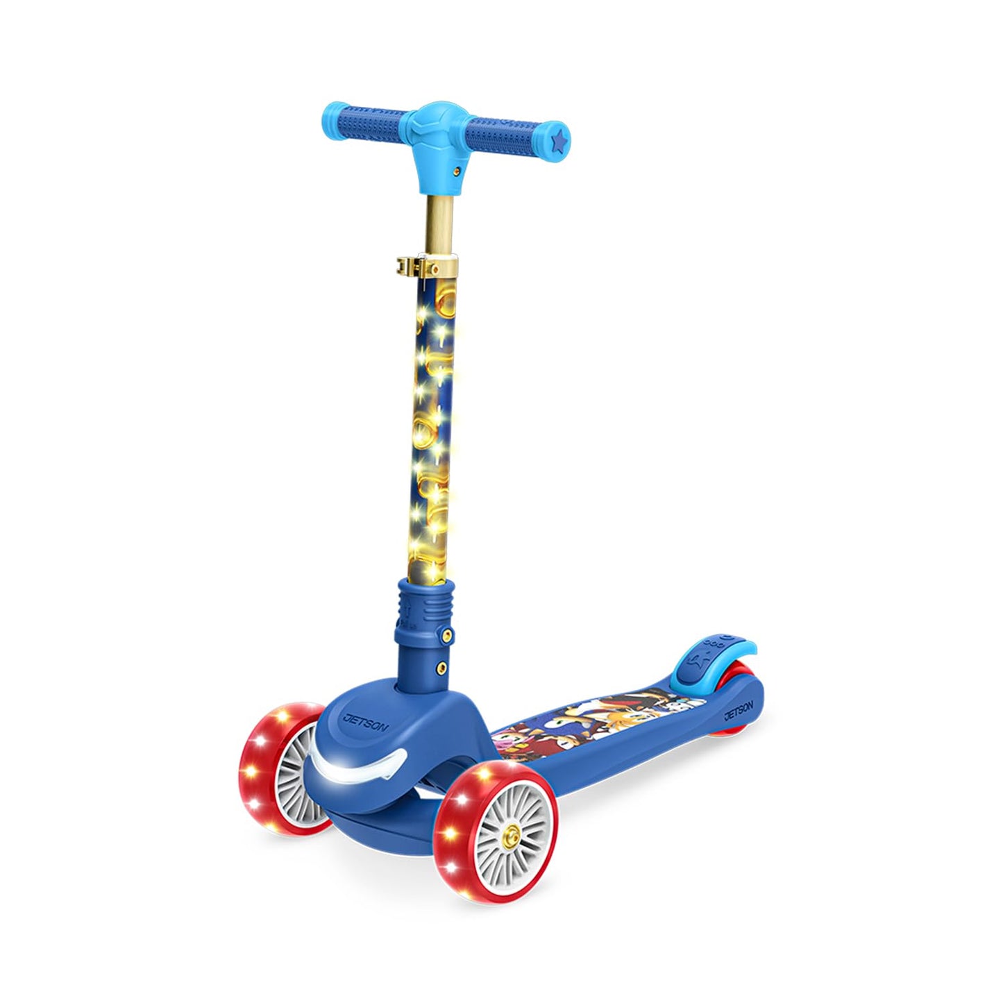 Jetson Sonic Three-Wheel Light Up Kick Scooter, Light up Stem & Wheels, Height Adjustable Handlebar, Rear Brake, Foldable, Ages