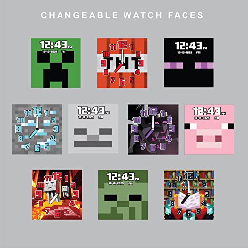 Minecraft Kids Smartwatch - Interactive Led Screen Watch With 10 Custom Watch Faces, Games, Camera, Alarm, Step Tracker & More - Fun Tech Gift For Boys And Girls - Fits Wrists 5.5'' To 8.0'