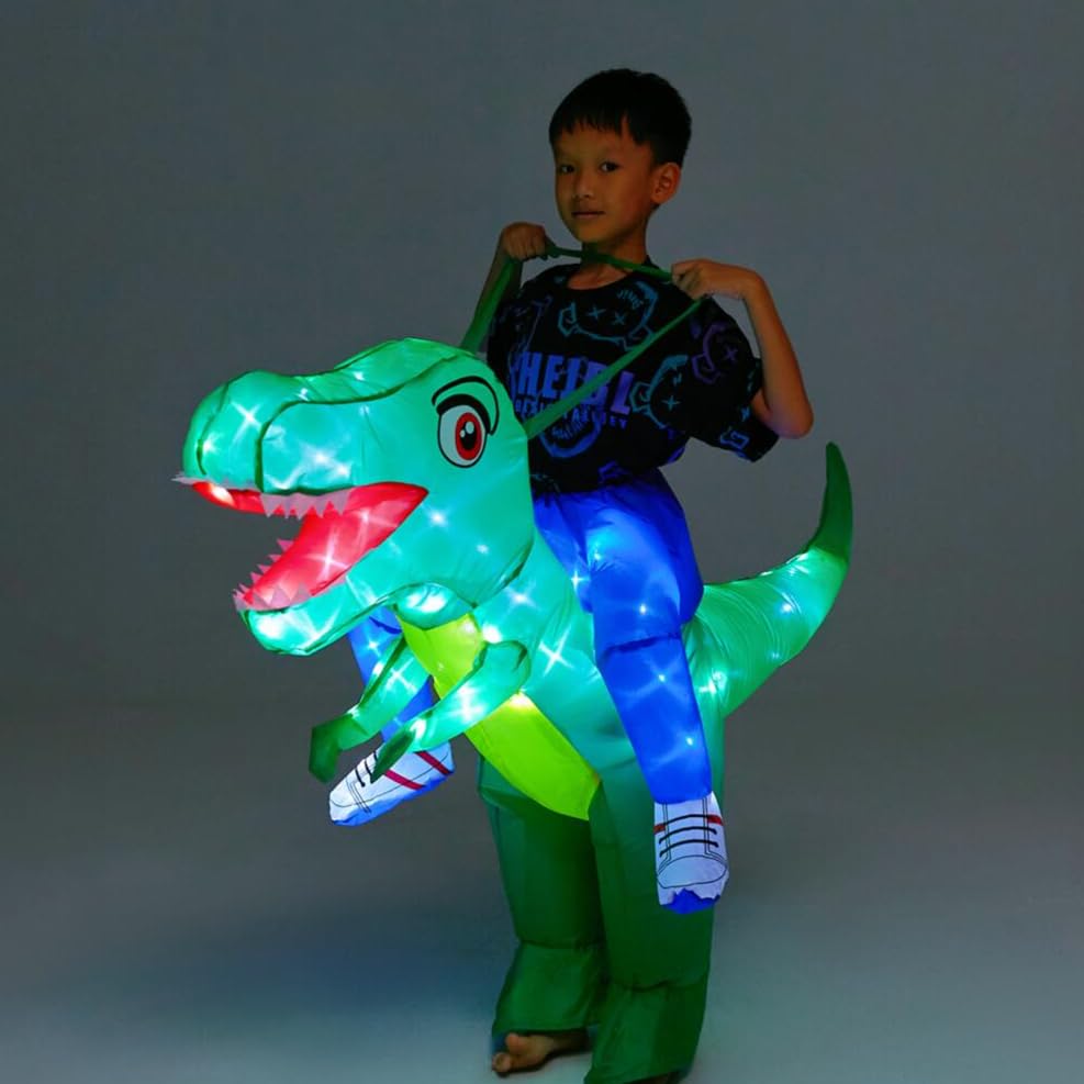 Bddedd Kids Inflatable Costume, Dinosaur Rider,Blow Up T-Rex Costumes With Led Light For Cosplay Halloween Christmas Party (Gree