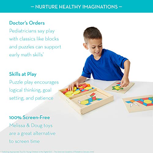 Melissa & Doug Pattern Blocks And Boards - Classic Toy With 120 Solid Wood Shapes And 5 Double-Sided Panels, Multi-Colored