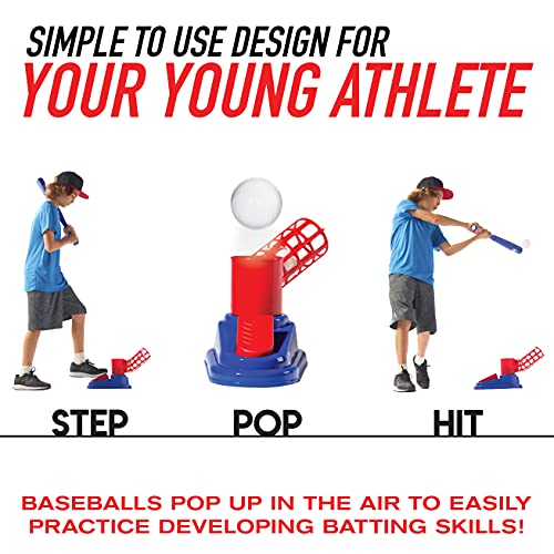 Franklin Sports Kids Baseball Pitching Machine - Pop A Pitch Baseball Batting Machine With Youth Bat + 3 Plastic Baseballs - Boys + Girls Baseball Toy,Red/Blue