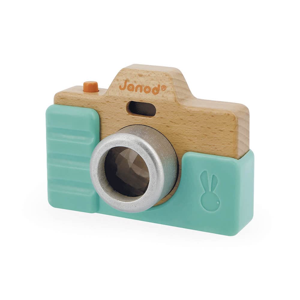 Janod - Early-Learning Camera - Wooden Pretend Play Toy - Sound and Light Effects - Sense Stimulation and Motor Skills - Silicone Shell - Water-Based Paint - from 18 Months + J05381 Brown