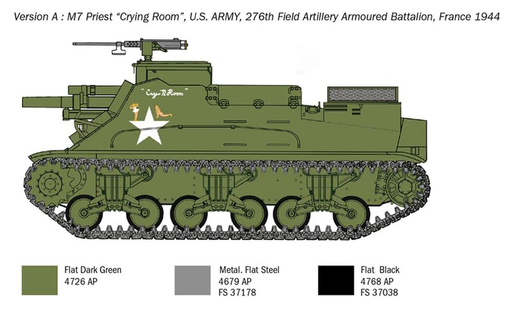 Italeri 6580S 1:35 Us M-7 Priest Howitzer Self-Prop, Construction, Standing Model Making, Crafts, Hobby, Gluing, Plastic Kit, Navy Green