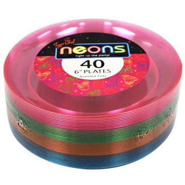 Tiger Chef Neon Assorted Party Plates, 80-Pack 6-inch Hard Plastic Plates, Assorted Neon Colors Pink, Blue, Green and Orange