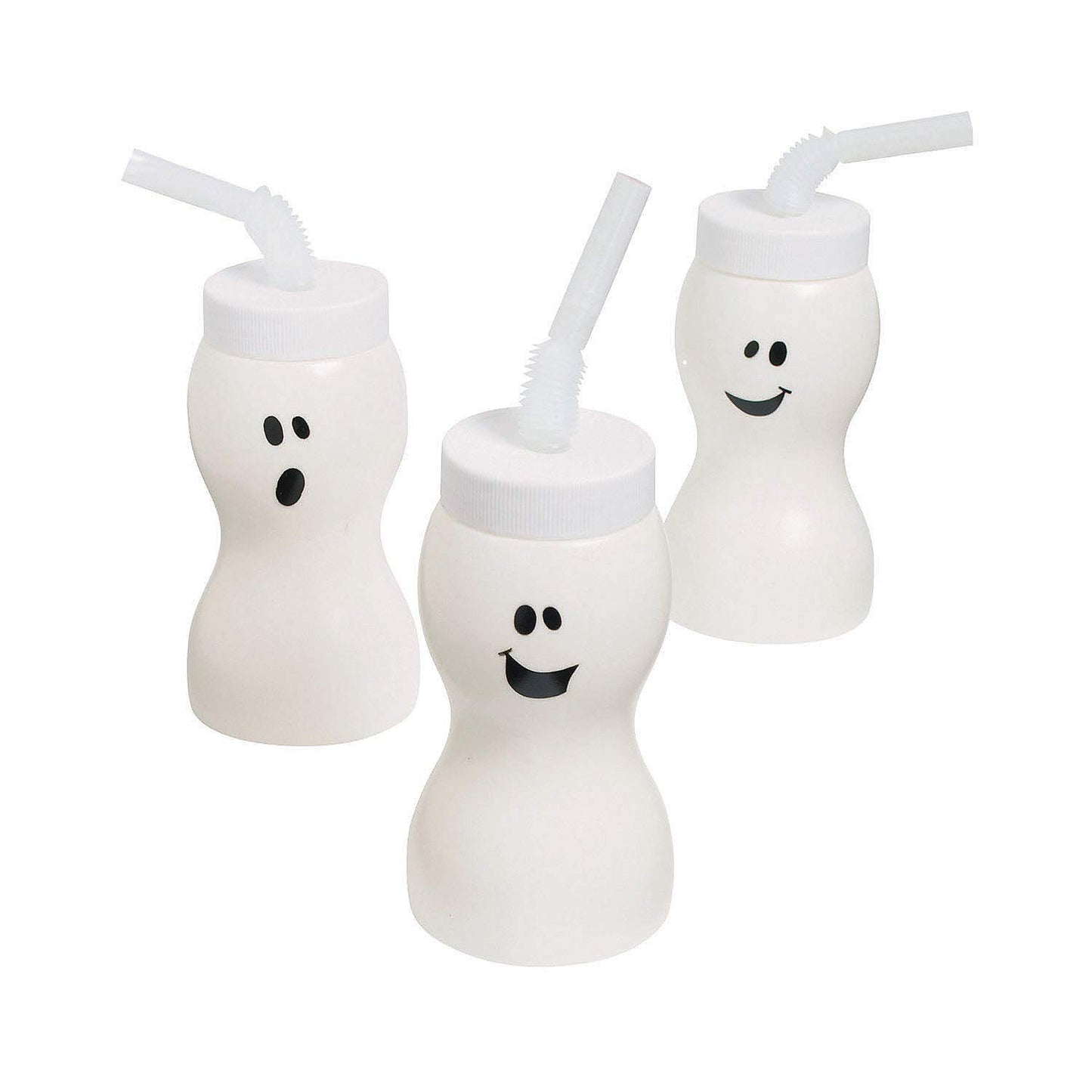 Fun Express Set of 12 Pieces Ghost Shape Cups with Straw for Halloween, Holds 8 oz, BPA Free Plastic, Kids Party Supplies, White