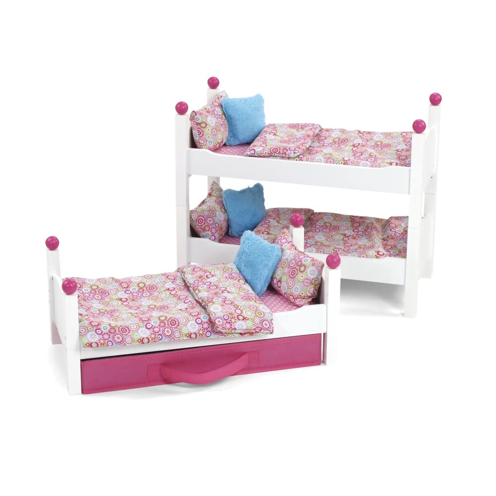 Emily Rose 18'' Doll Stackable Triple Bunk Bed, Beds For 18 Inch Dolls | Bunkbed With Clothes Storage Drawer, Bedding & Ladder,