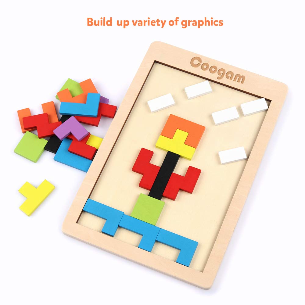 Coogam Wooden Blocks Puzzle Brain Teasers Toy Tangram Jigsaw Intelligence Colorful 3D Russian Blocks Game Stem Montessori Educational Gift For Kids (40 Pcs)