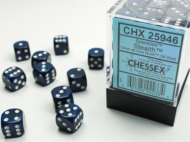 Chessex Chx25946 D6-12 Mm. Speckled Dice, Stealth, 36 Ct. Pack Of 3