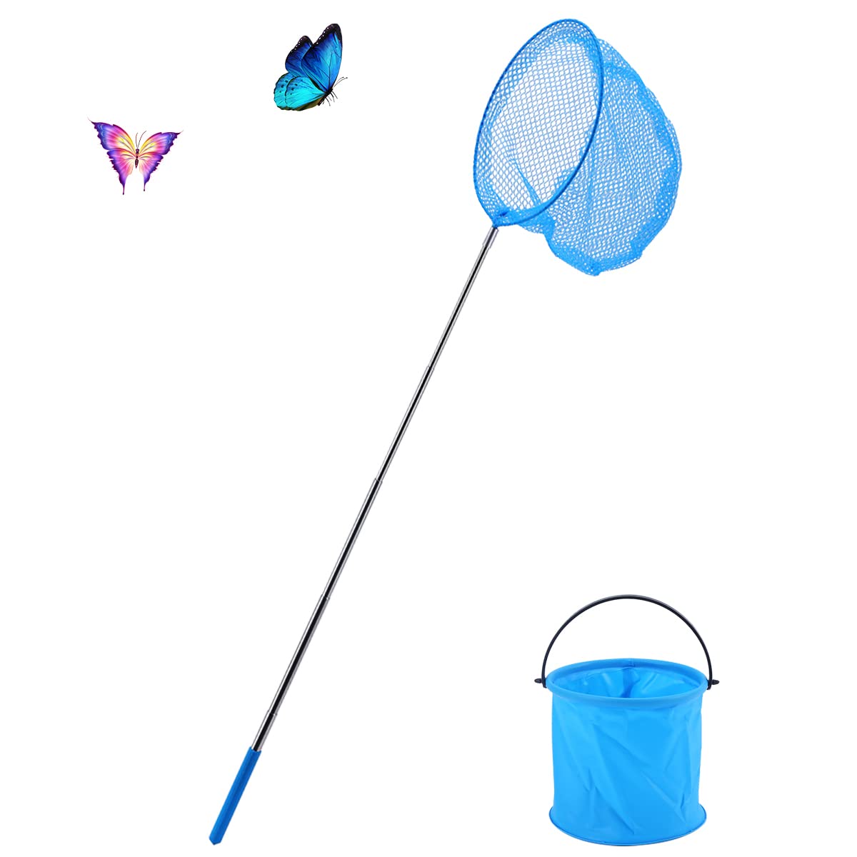 Worown 1 Pack Telescopic Butterfly Nets, Extendable Fishing Nets with 1 Folding Water Buckets for Catching Insects Bugs Playing