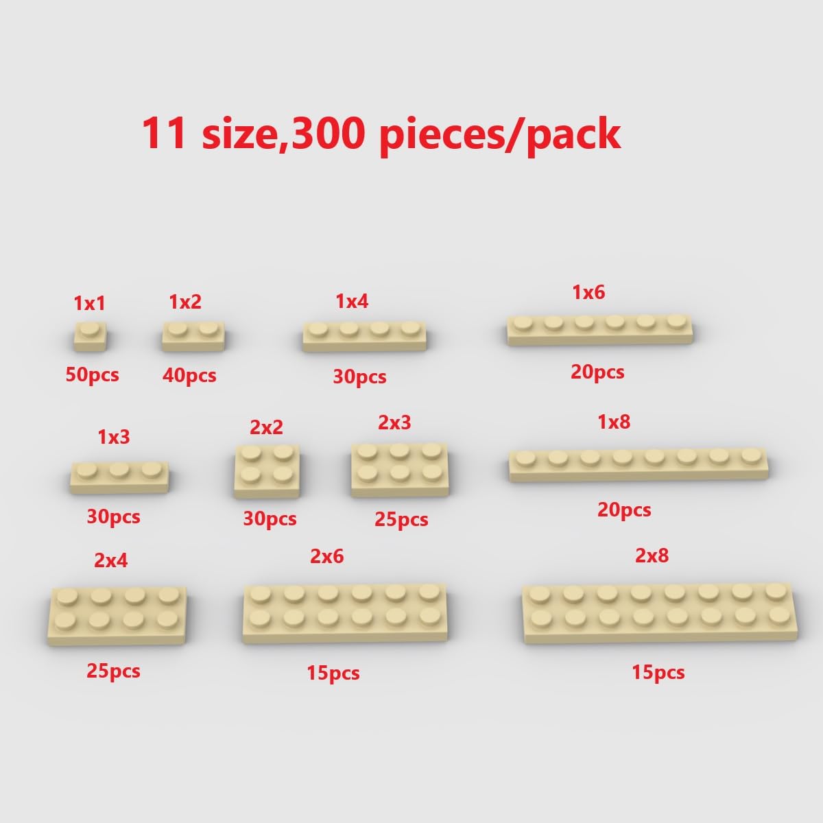 300 Piece Tan Building Plate Bulk Assortment Pack, Tan Small Base Plate Accessories For Building With 12 Size, Compatible With L