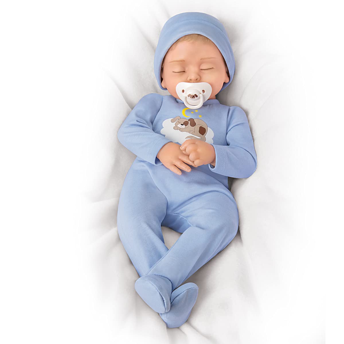 So Truly Real Puppy Over The Moon Vinyl Baby Doll by Artist Mayra Garza Featuring A Custom Footed Sleeper Outfit with Hat