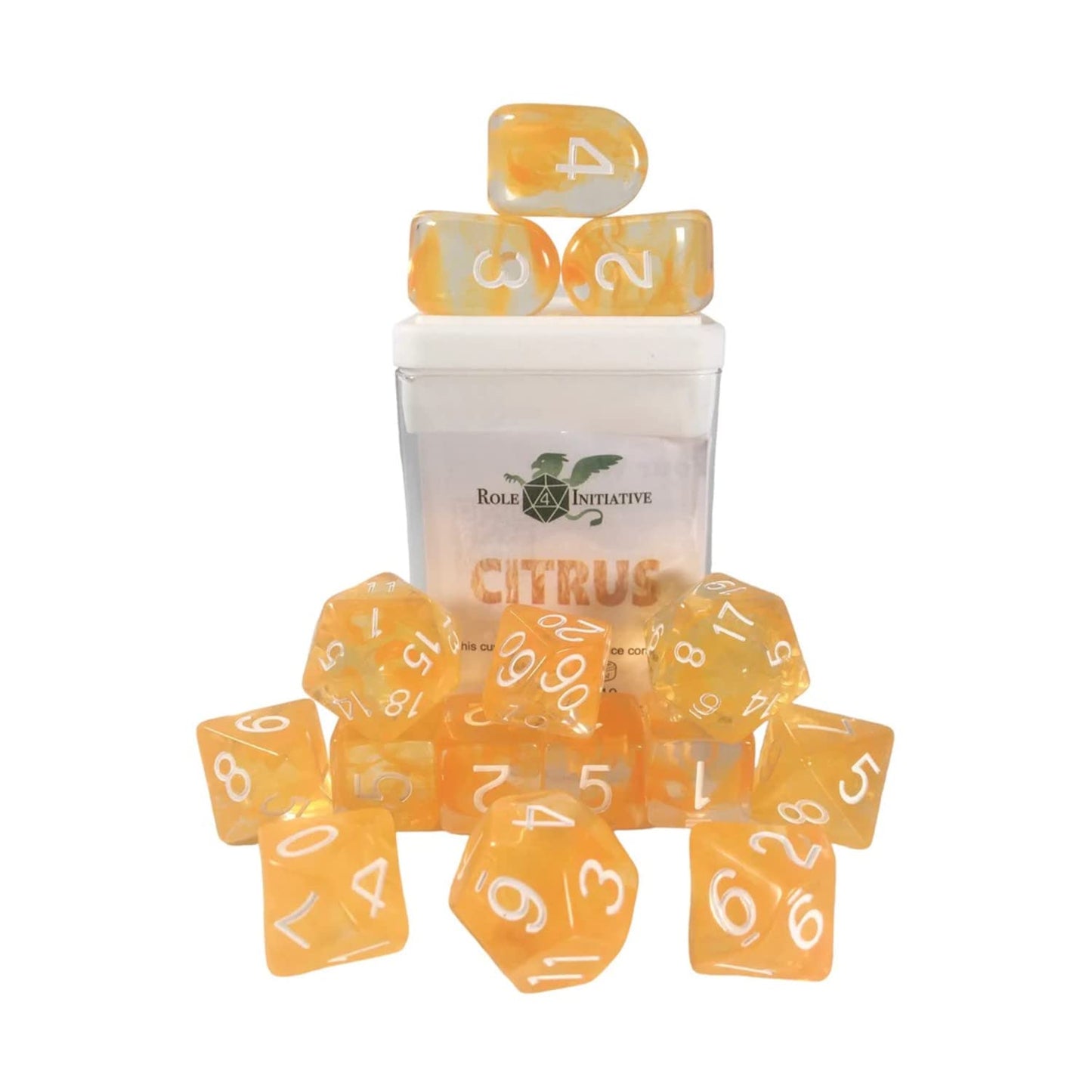 Role 4 Initiative Polyhedral Dice - Citrus W/White Numbers, Arch'D4 (15)