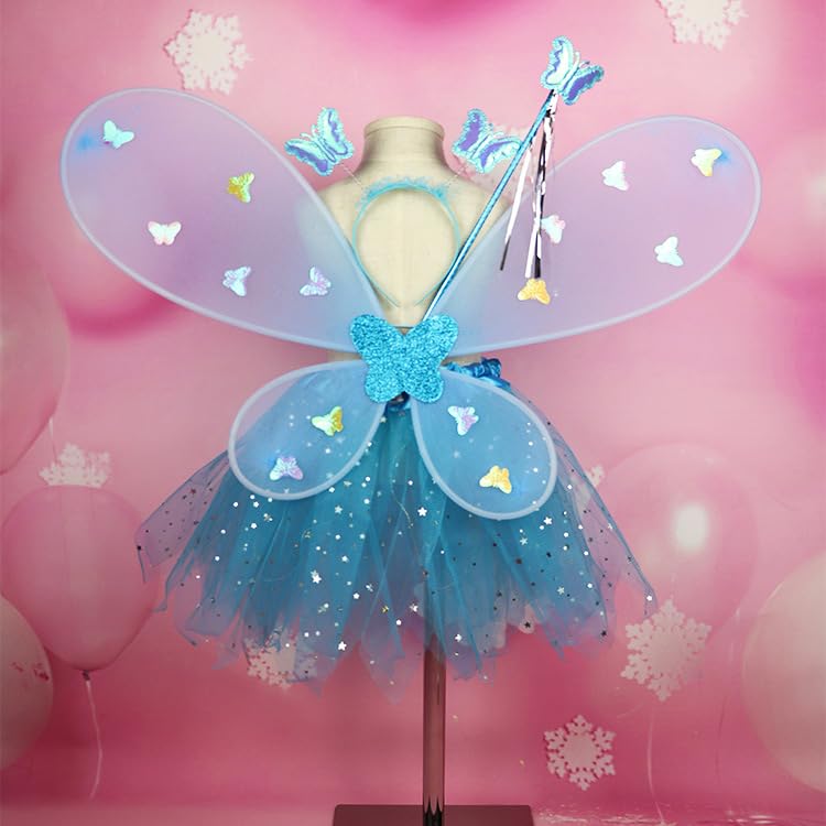 Purfeel Girls Led Light Up Angel Wings Kids Butterfly Wings Costume 4Pcs Sets Blue